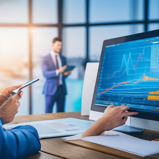 An illustration of a person holding a tablet, surrounded by ascending graphs and charts, with a faint PDF icon in the background, set against a bright and modern office environment.