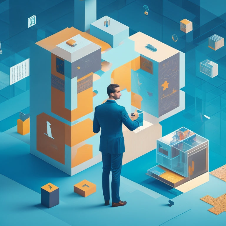 A futuristic, minimalist illustration depicting a merchant standing in front of a giant puzzle, with digital commerce symbols and icons scattered around, slowly coming together to form a cohesive framework.