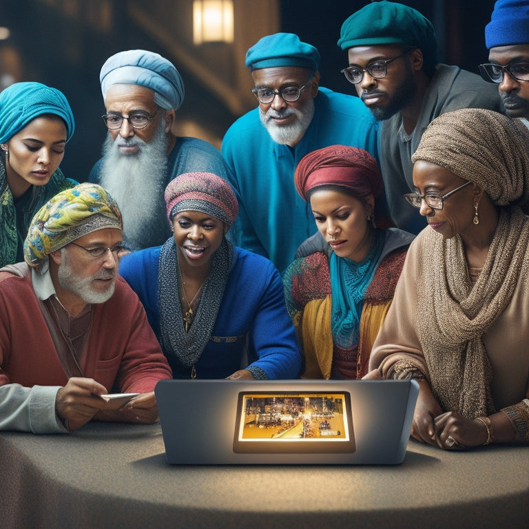 An illustration of a diverse group of merchants from various age groups and ethnicities gathered around a large, glowing tablet, with screens and devices surrounding them, symbolizing connection and empowerment.