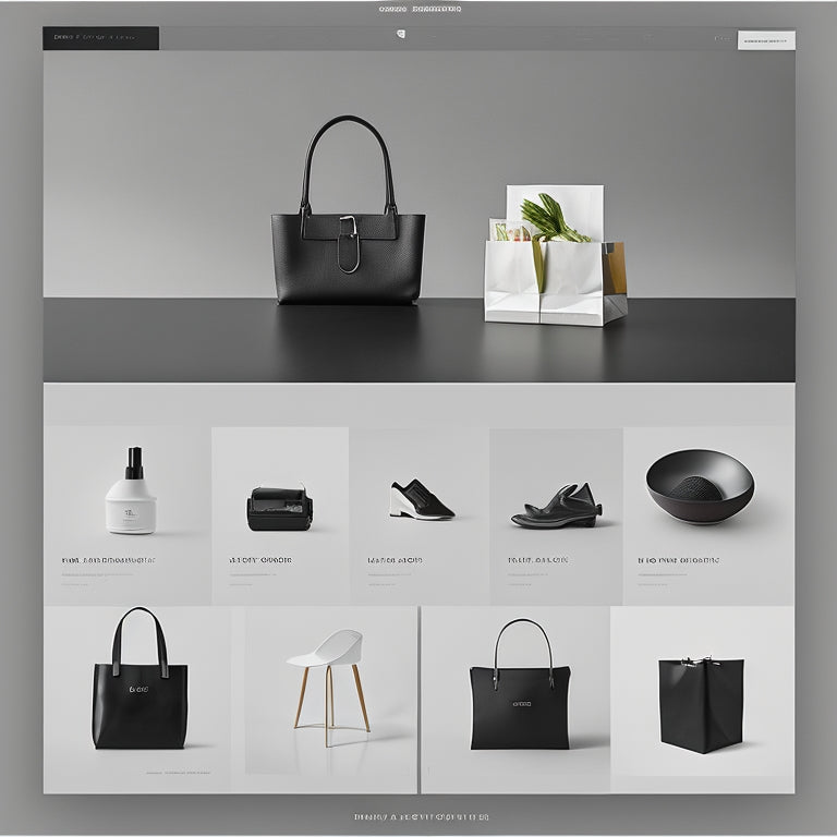 A modern, minimalist e-commerce website with a sleek black and white aesthetic, featuring a rotating carousel of diverse, colorful products, surrounded by subtle shopping bag and cart icons.