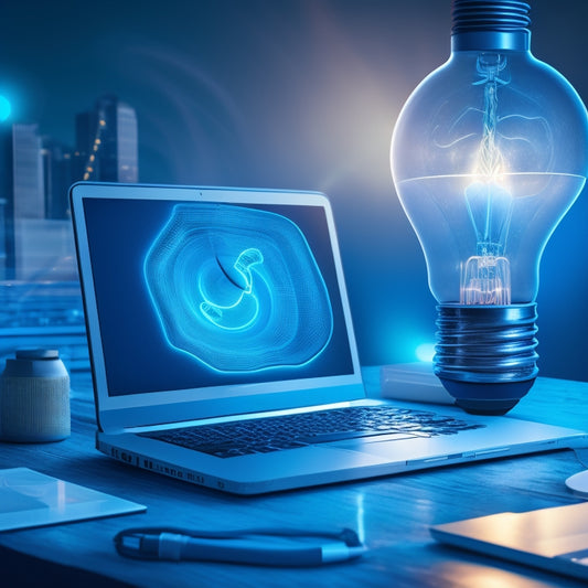 A stylized, modern illustration depicting a lightbulb moment above a laptop, surrounded by swirling lines and shapes in shades of blue, symbolizing innovation and e-commerce growth.