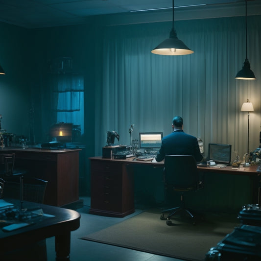 A dimly lit, smoky room with a single, flickering light bulb; a person in the shadows, surrounded by multiple screens displaying fraudulent transactions and deceitful marketing schemes.
