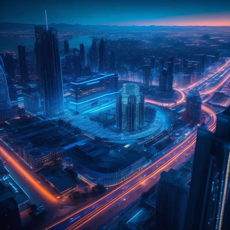 A futuristic, neon-lit cityscape at dusk, with sleek skyscrapers and winding roads, featuring a massive, glowing, blue circuit board dominating the center, radiating energy pulses outward.