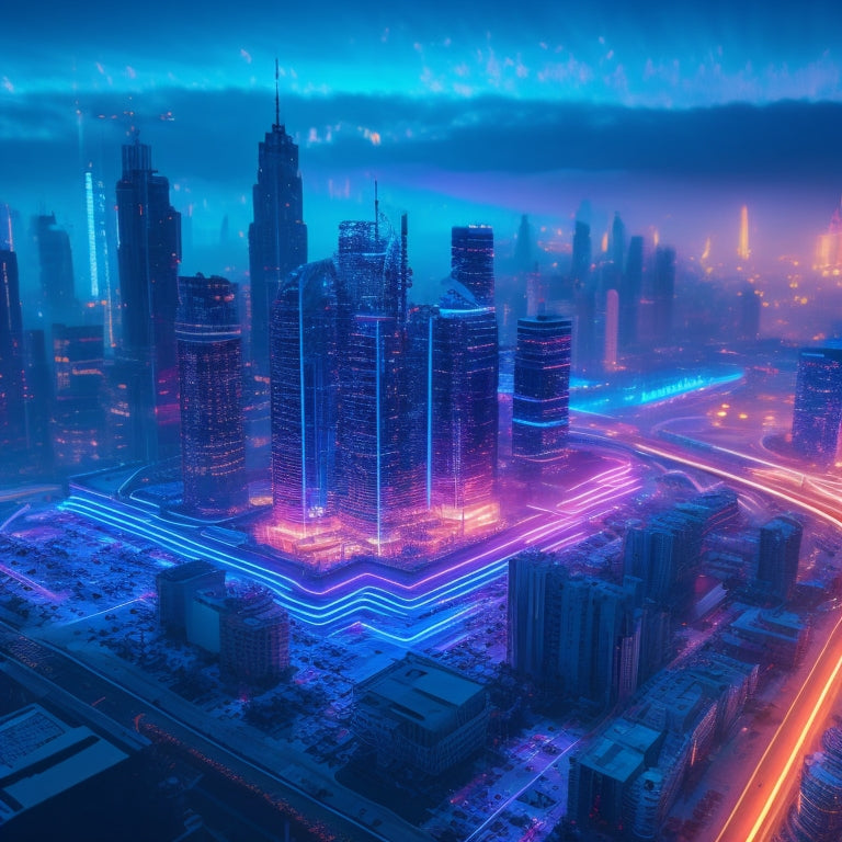 A futuristic, neon-lit cityscape at dusk, with glowing circuit boards and wires forming the skyscrapers, surrounded by orbiting gears, cogs, and puzzle pieces, symbolizing digital solutions.