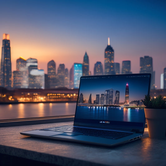 A sleek, modern laptop displaying a minimalist e-commerce website on its screen, set against a blurred cityscape with neon lights and towering skyscrapers at dusk.