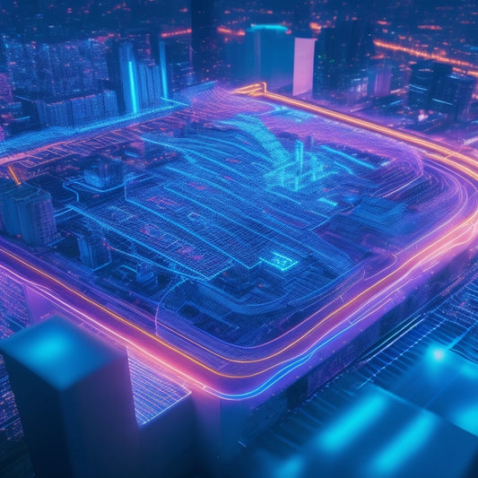 A futuristic, neon-lit cityscape with interconnected gears, circuits, and puzzle pieces forming a cohesive, modular structure, surrounded by orbiting shopping carts and swooping lines representing data flow.