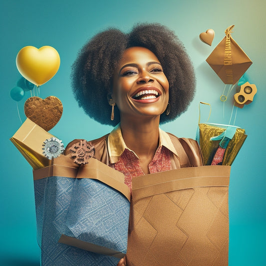 A stylized illustration of a smiling customer surrounded by orbiting shopping bags, with each bag containing a heart, amidst a subtle background of interconnected gears and cogs.