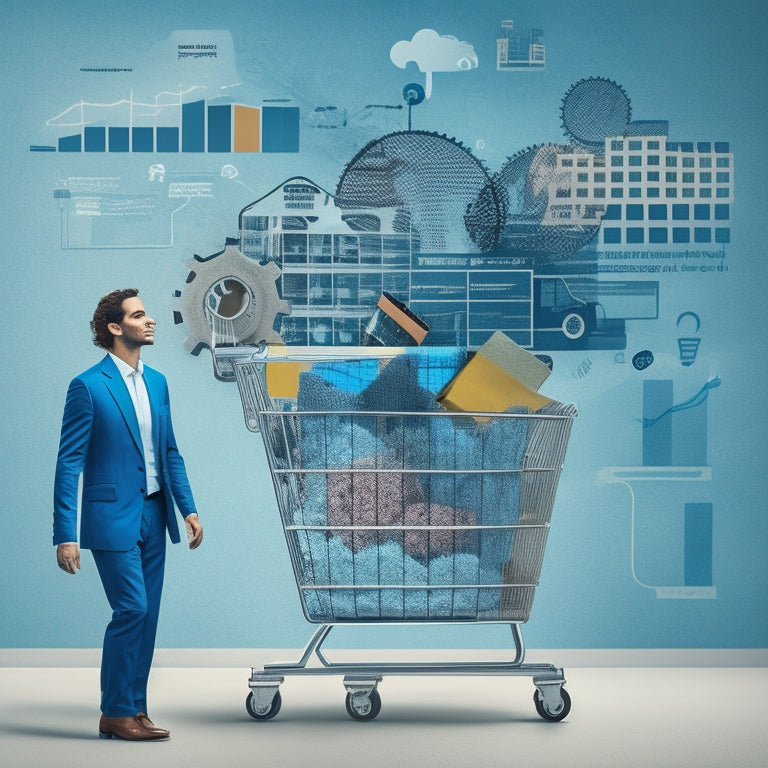 A stylized illustration of a merchant surrounded by speech bubbles, each containing a shopper's face with a thought bubble, amidst a background of gears, charts, and graphs, with a subtle shopping cart silhouette.