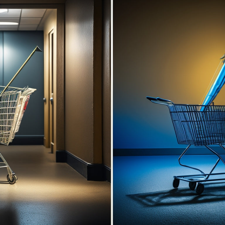 A split-screen composition featuring a rising arrow piercing a shopping cart on the left, and a descending arrow trapped in a abandoned cart on the right, set against contrasting bright and dark backgrounds.
