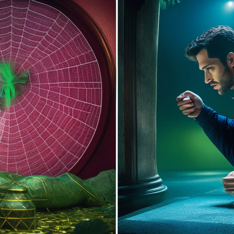 A split-screen image: on the left, a person surrounded by money and success symbols, with a bright green background; on the right, a person trapped in a spider web of obstacles, with a dark red background.