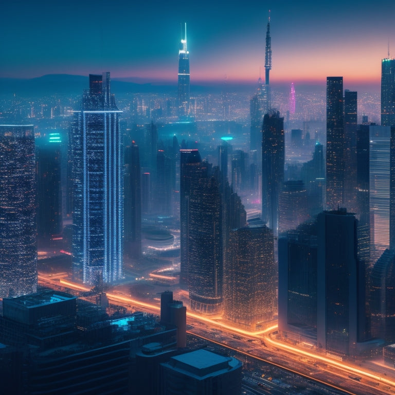 A futuristic, sleek, and modern cityscape at dusk with neon-lit skyscrapers, a giant screen displaying a seamless ecommerce interface, and a subtle glowing network of connections in the background.
