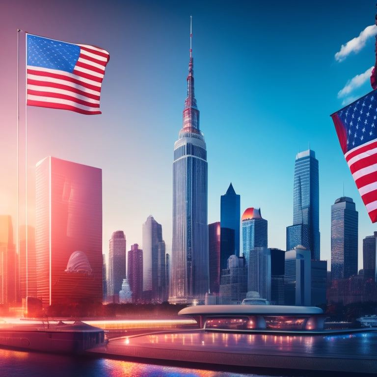 An illustration of a futuristic cityscape with a prominent American flag waving in the foreground, surrounded by swooping digital payment symbols and minimalist icons of various e-commerce platforms.