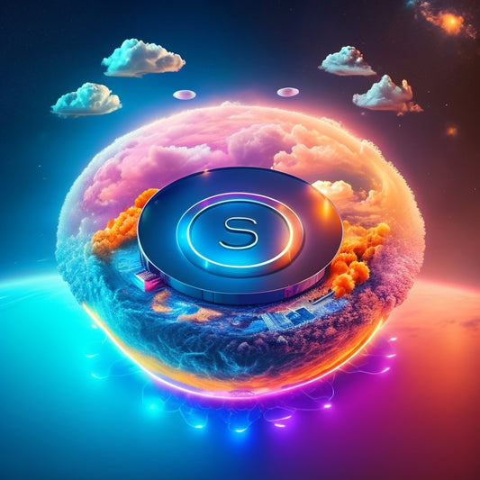A futuristic, high-tech illustration featuring a large, glowing Amazon S3 logo at the center, surrounded by swirling clouds of 1s and 0s, with various devices and gadgets seamlessly uploading and downloading data in the background.