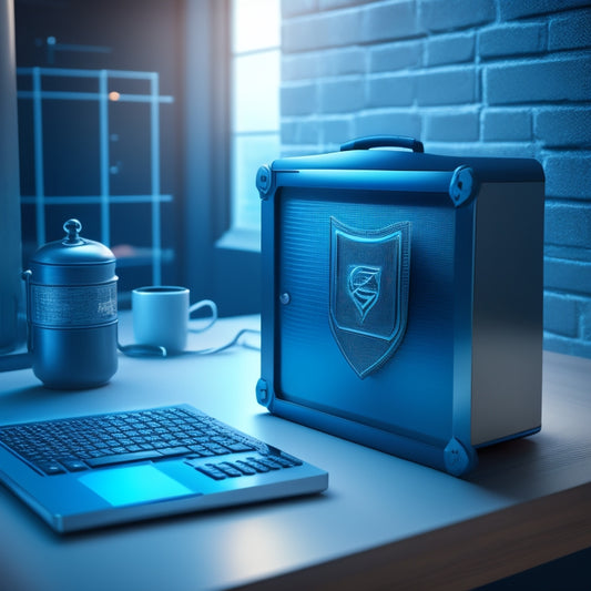 A shield protecting a digital product box, surrounded by secure locks and chains, with a download arrow pointing to a laptop in the background, set against a dark blue and grey gradient.