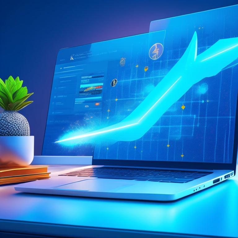 An illustration of a laptop with a rocket ship blasting off from the screen, surrounded by rising graphs, coins, and shopping bags, set against a bright blue background with subtle digital circuitry patterns.
