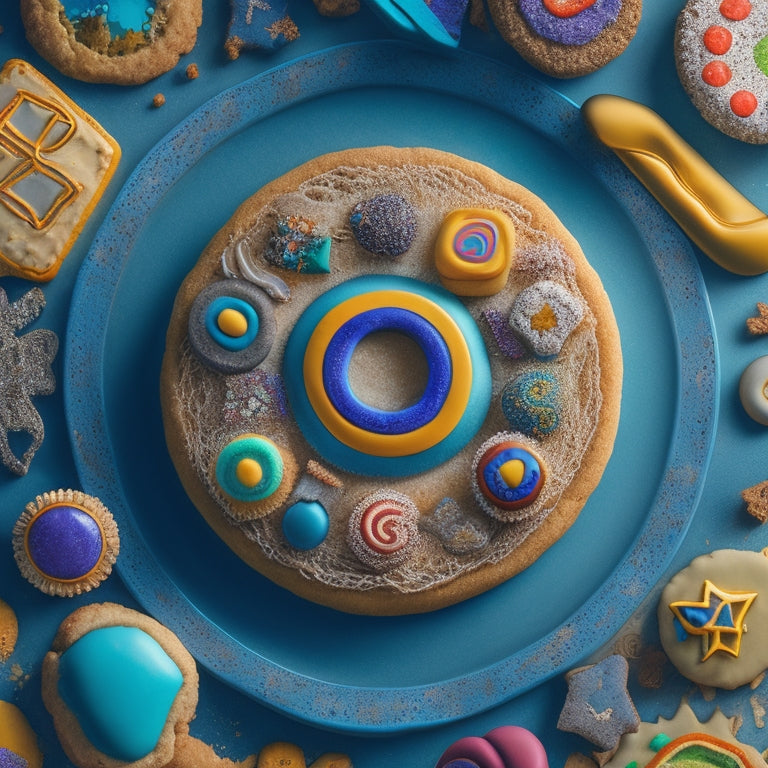 A whimsical illustration featuring a browser window with a stylized JavaScript symbol at its center, surrounded by swirling cookie shapes in various colors and sizes, against a faint web-patterned background.
