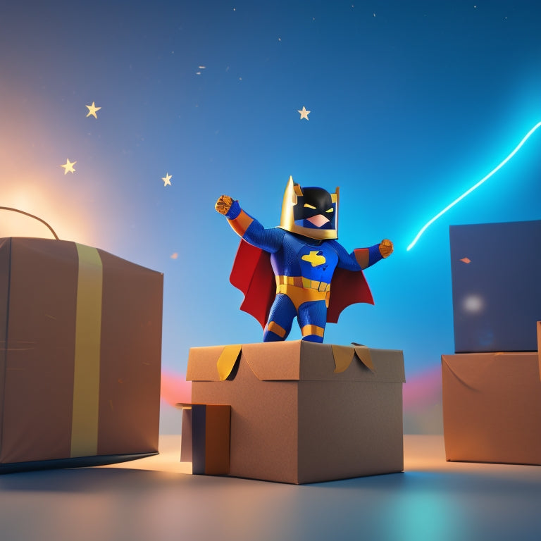 A futuristic, minimalist illustration featuring a smiling, anthropomorphic Amazon Prime box with a superhero cape, standing on a mountain of cardboard boxes, surrounded by sparkling fireworks and confetti.