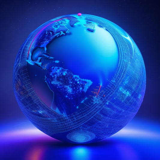 A stylized globe with glowing blue lines and nodes, surrounded by swirling shapes and abstract patterns in vibrant colors, blending traditional commerce symbols with digital elements.