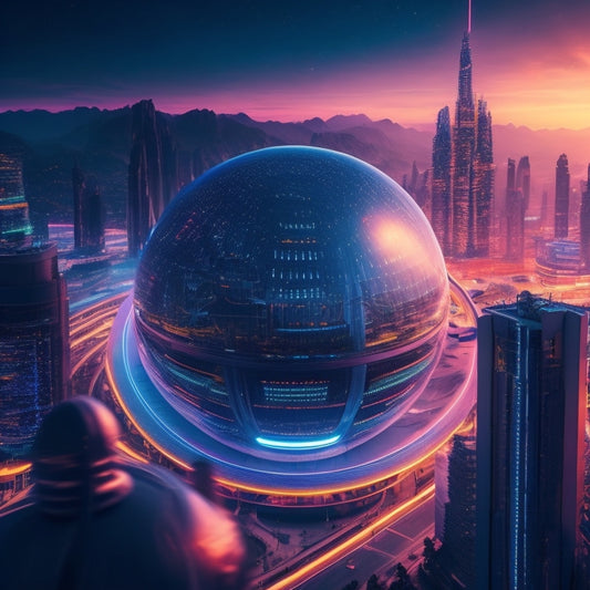 A futuristic, neon-lit cityscape at dusk, with sleek skyscrapers and curved lines, featuring a massive, glowing marketplace hub at its center, surrounded by orbiting digital spheres and pulsing circuits.