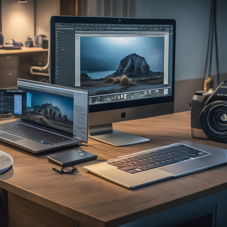 A split-screen image featuring a laptop with a wireframe ecommerce course website on the screen, alongside a messy desk with various tools and gadgets, including a microphone, headphones, and a camera.