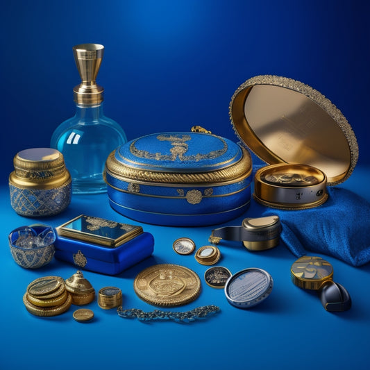 A gold treasure chest overflowing with various Amazon products, including a smartwatch, headphones, and a tablet, surrounded by gold coins and sparkly jewels, set against a dark blue background.