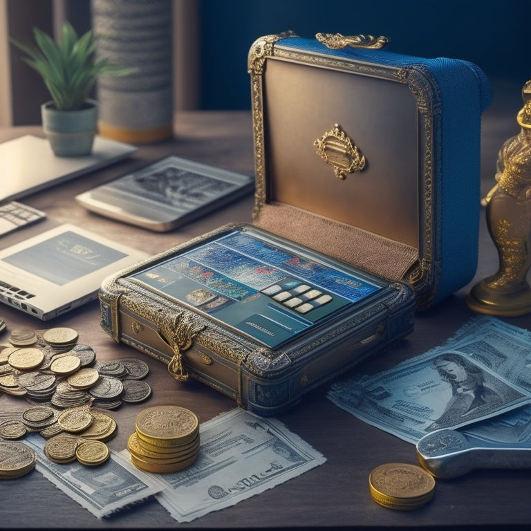 An illustration of a laptop with a treasure chest overflowing with coins, surrounded by miniature icons of online courses, money bags, and a subtle background of a growing graph.