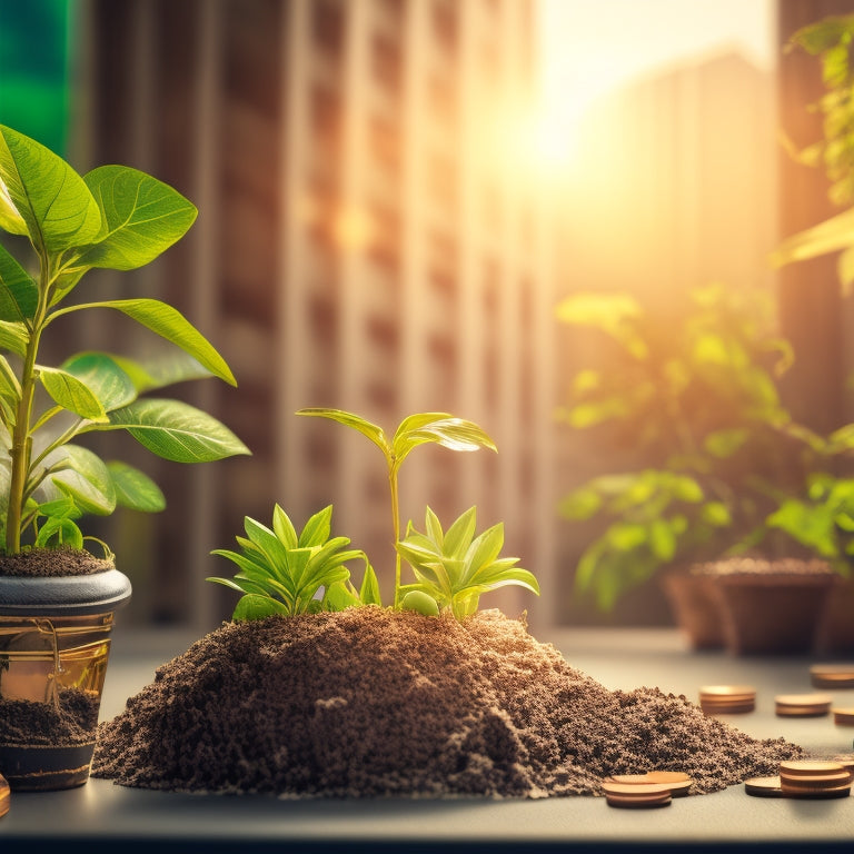 An illustration of a growing plant with coins and shopping bags as leaves, surrounded by arrows pointing upwards, with a subtle background of a cityscape or a graph trending upwards.