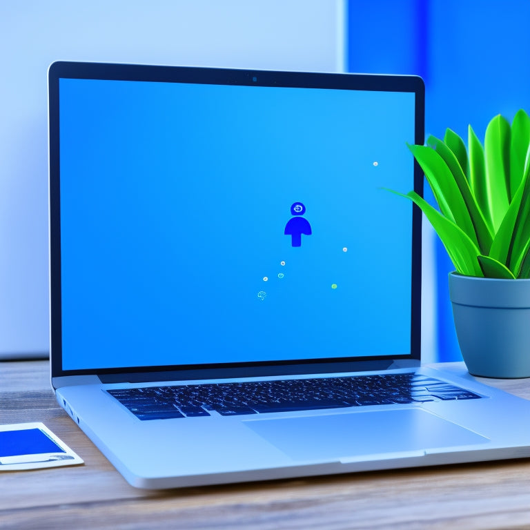 A minimalist illustration featuring a laptop with a satisfied customer's face on the screen, surrounded by thought bubbles containing 5-star ratings, thumbs up, and smiley faces, set against a bright blue background.