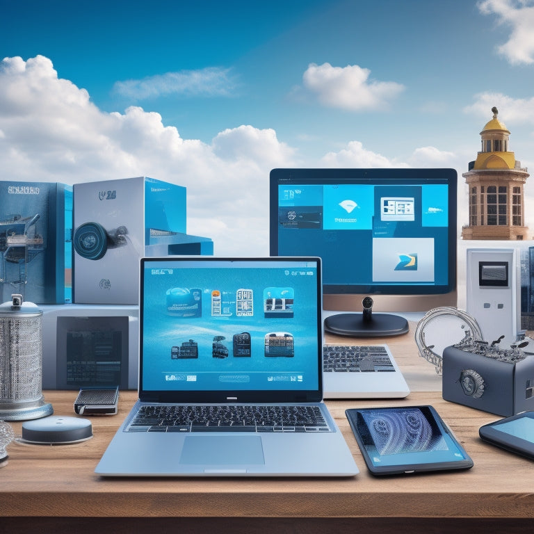 An illustration of a merchant's digital storefront with various devices (laptop, tablet, smartphone) showcasing seamless delivery of digital products, surrounded by icons of clouds, locks, and gears, conveying security and efficiency.