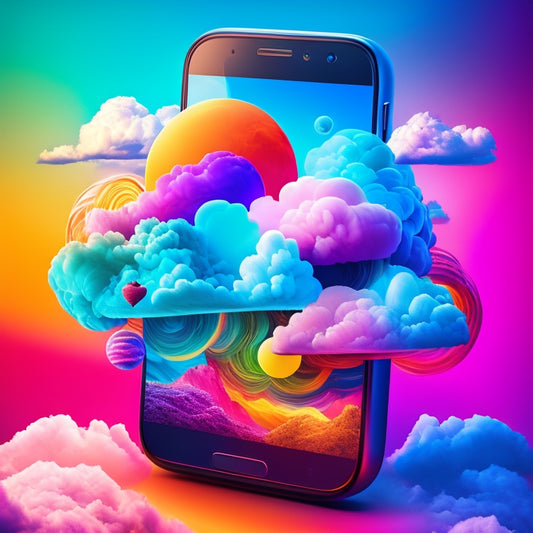 A stylized illustration of a smartphone with a TikTok app open, surrounded by swirling clouds of icons, hashtags, and trending symbols, radiating vibrant colors and dynamic energy.