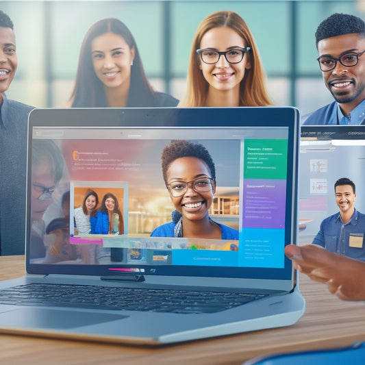 A stylized illustration of a laptop screen displaying a virtual classroom with diverse students engaging in a discussion, surrounded by icons of likes, comments, and shares.