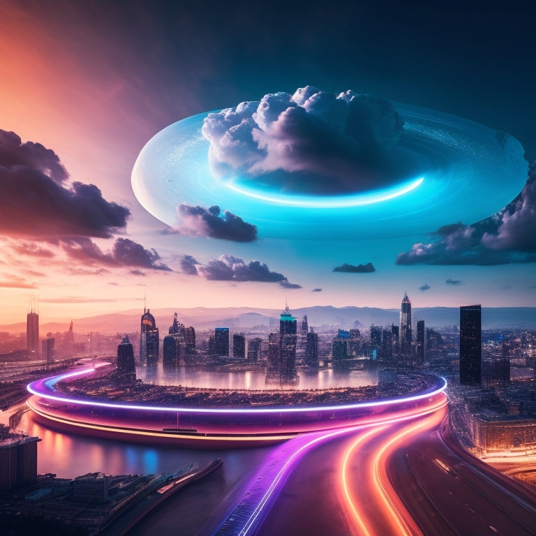 A futuristic ecommerce landscape with a giant download icon at its center, surrounded by swirling clouds of 1s and 0s, with a subtle cityscape in the background and a few streaks of light symbolizing speed.