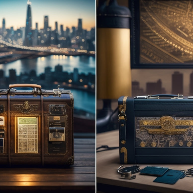 A split-screen image featuring a briefcase filled with cash and credit cards on one side, and a complex network of gears, circuits, and wires on the other, with a subtle cityscape background.