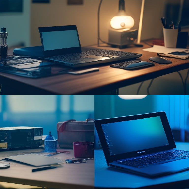 A split-screen image featuring a laptop with a cracked screen and a pile of broken gadgets on one side, and a pristine, organized digital file folder on a clean desk on the other.