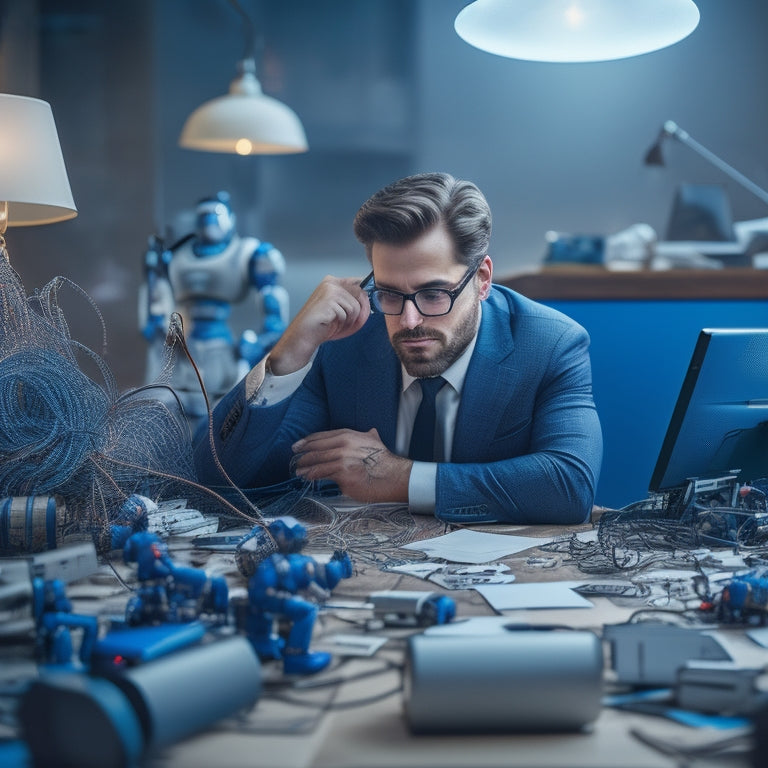A puzzled entrepreneur sitting at a desk, surrounded by scattered papers, broken robots, and tangled wires, with a laptop displaying a graph with a stagnant sales line.