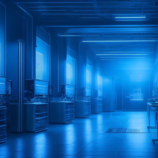 A futuristic, high-tech laboratory with rows of sleek, silver workstations, surrounded by glowing blue wires and pulsing audio waveforms, amidst a dark, misty atmosphere with hints of neon light.