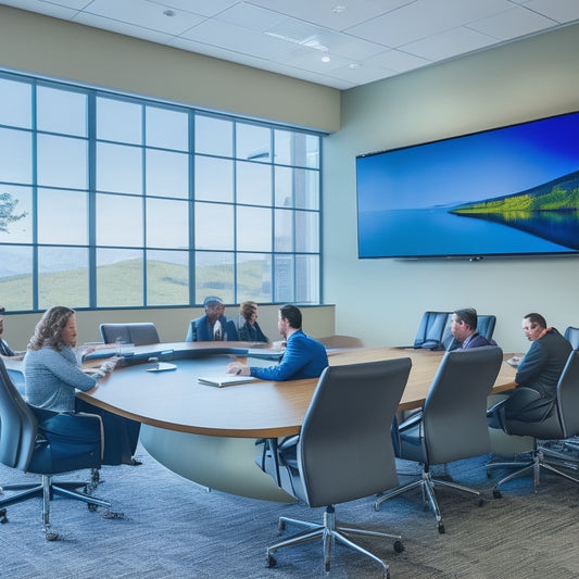 A sleek, modern conference room with a large screen displaying a vibrant, gradient-colored business presentation, surrounded by diverse, engaged professionals taking notes and nodding in approval.