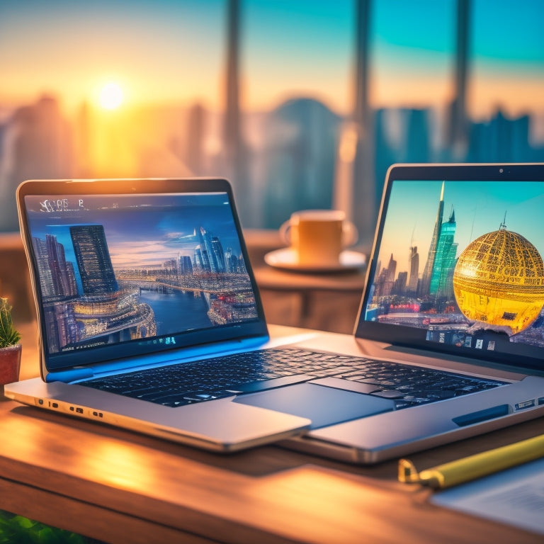 A laptop on a desk with a blurred-out cityscape in the background, surrounded by e-commerce icons, a globe, and a certificate with a gold seal, conveying a sense of online learning and global opportunities.