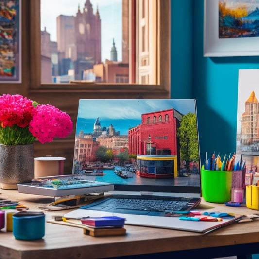 A vibrant illustration of a painter's studio with a laptop and tablet surrounded by colorful art supplies, with a cityscape or gallery in the background, symbolizing online art sales.