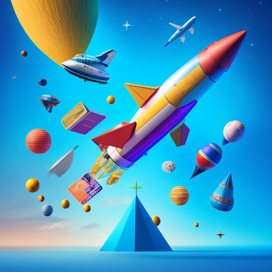 A stylized illustration of a rocket ship blasting off into the digital sky, surrounded by orbiting icons of credit cards, mobile devices, and shopping carts, with sleek, modern lines and vibrant colors.