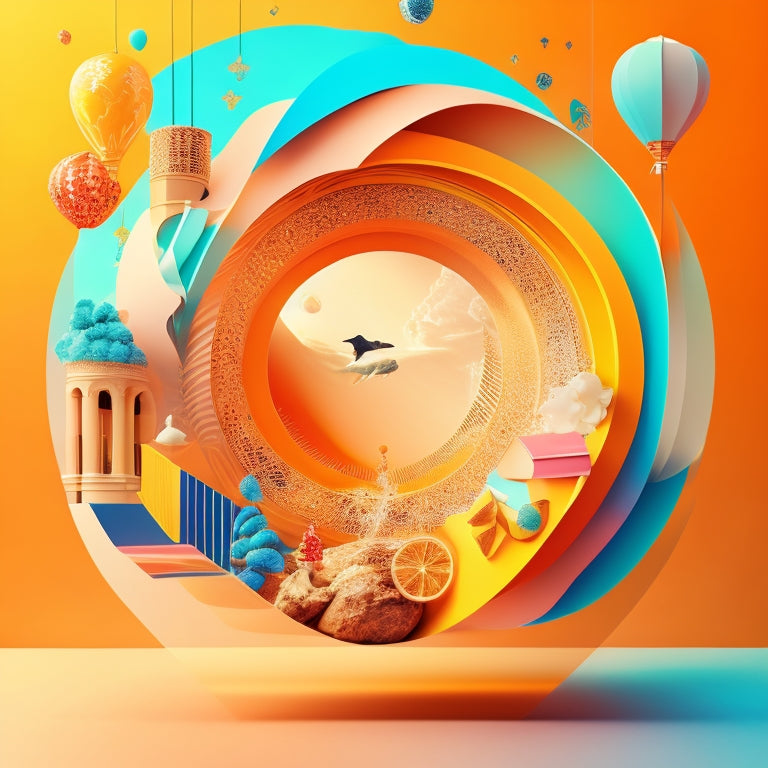 A stylized, minimalist illustration of a merchant's storefront with exploding growth elements: bursting shopping bags, ascending arrows, and swirling lines radiating from the center, set against a bright, sunny background.