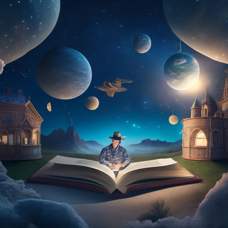 A whimsical illustration featuring a person surrounded by floating book pages, glowing orbs, and curious objects like magnifying glasses, binoculars, and a compass, set against a starry night sky.