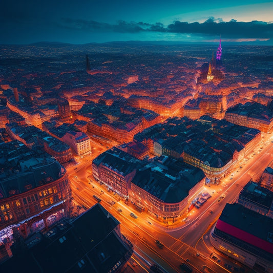 A stylized, illuminated European cityscape at dusk, with neon-lit storefronts and glowing online shopping icons hovering above rooftops, surrounded by swirling patterns of data and commerce symbols.