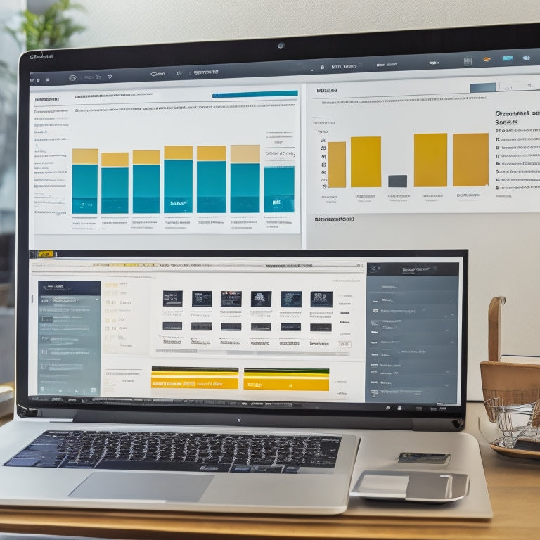 A split-screen image featuring a sleek, modern ecommerce website on a laptop screen on the left, and a series of rising bar graphs and metrics on a tablet screen on the right, surrounded by subtle digital circuitry patterns.