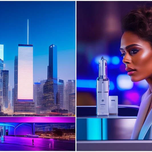 A split-screen image with a minimalist, white background on the left and a futuristic, neon-lit cityscape on the right, featuring various product displays and augmented reality interfaces.