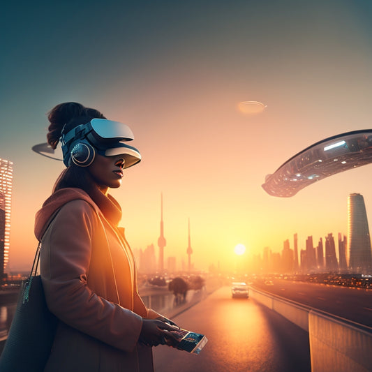 A futuristic, minimalist illustration of a person surrounded by floating, glowing shopping bags, with virtual reality headset and controllers, set against a blurred cityscape at sunset.