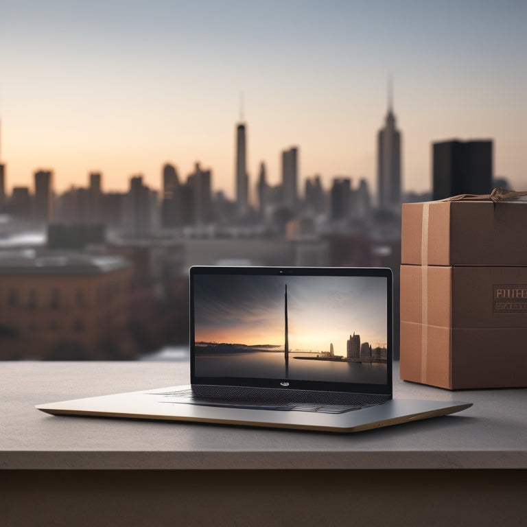 A minimalist illustration featuring a sleek, modern laptop with a shipments box and a clock nearby, surrounded by subtle hints of a cityscape in the background, conveying efficiency and timely delivery.