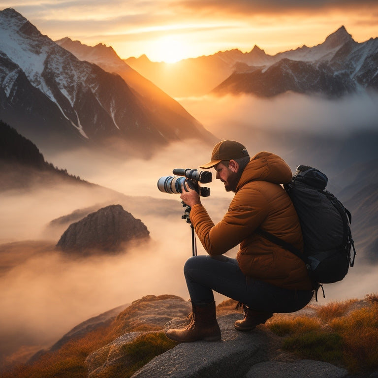 A serene landscape photographer in action, surrounded by misty mountains, with a Nikon camera and tripod, under a warm golden light, with a subtle Nikon logo on the camera.