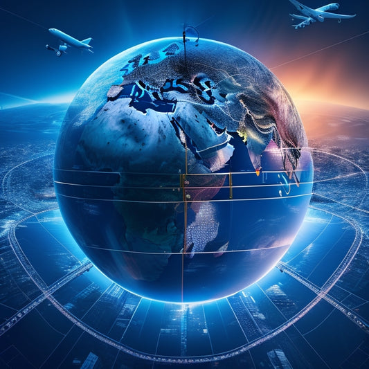 A stylized globe with glowing blue lines connecting major cities, surrounded by floating shopping bags, planes, and ships, conveying global connectivity and commerce.