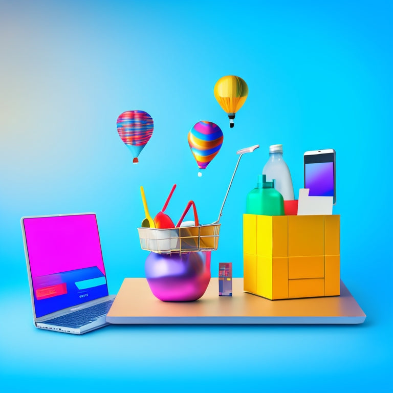A minimalist illustration of a lightbulb surrounded by various digital products (laptop, tablet, smartphone) on a colorful, gradient background with ecommerce-related icons (shopping cart, bag, etc.) scattered around.